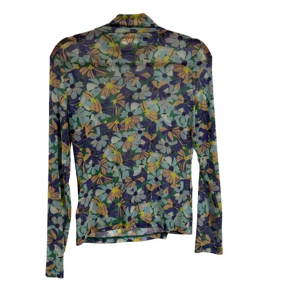 Anthropologie Maeve Sheer Mesh Floral Turtleneck‎ Top in Blue Motif Size S - Picture 5 of 7